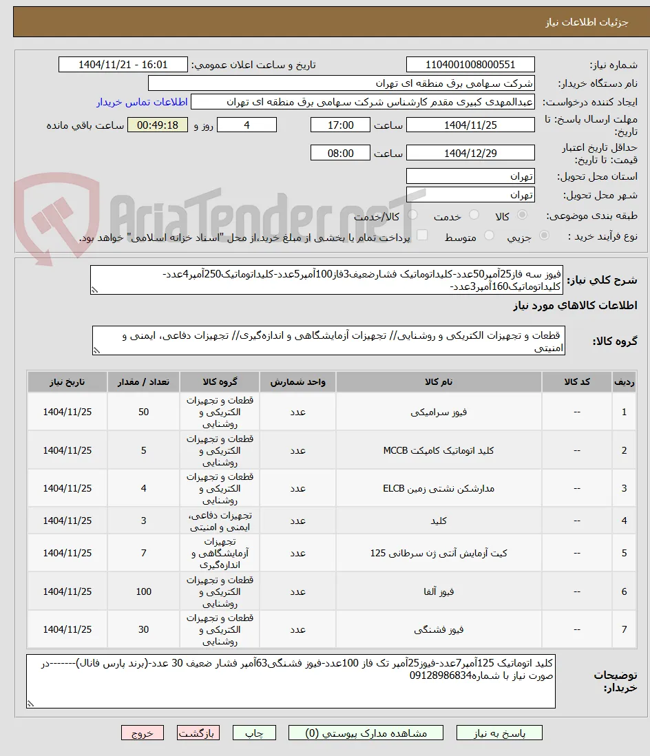 فیوز سه فاز25آمپر50عدد-کلیداتوماتیک فشارضعیف3فاز100آمپر5عدد-کلیداتوماتیک250آمپر4عدد-کلیداتوماتیک160آمپر3عدد-