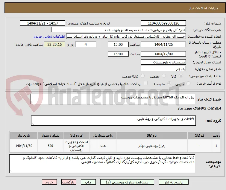 پنل ال ای دی 60*60 مطابق با مشخصات پیوست