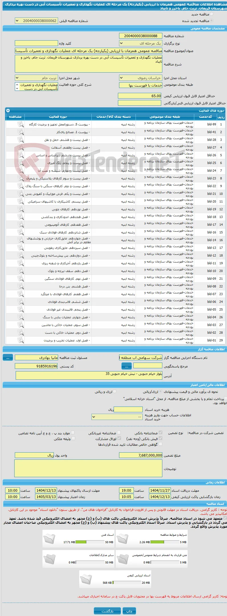 مناقصه عمومی همزمان با ارزیابی (یکپارچه) یک مرحله ای عملیات نگهداری و تعمیرات تأسیسات آبی در دست بهره برداری شهرستان فریمان، تربت جام، باخرز و تایباد
