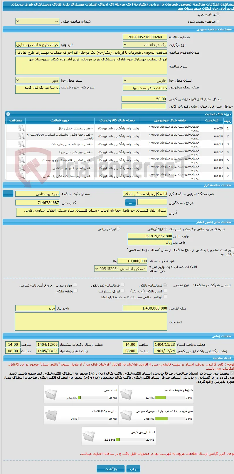 مناقصه عمومی همزمان با ارزیابی (یکپارچه) یک مرحله ای اجرای عملیات بهسازی طرح هادی روستاهای هرج، مزیجان، کریم آباد، چاه کبکان شهرستان مهر