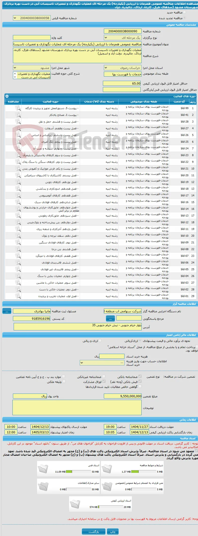 مناقصه عمومی همزمان با ارزیابی (یکپارچه) یک مرحله ای عملیات نگهداری و تعمیرات تاسیسات آبی در دست بهره برداری شهرستان مشهد (سدهای طرق، کارده، ارداک، چالیدره، دول