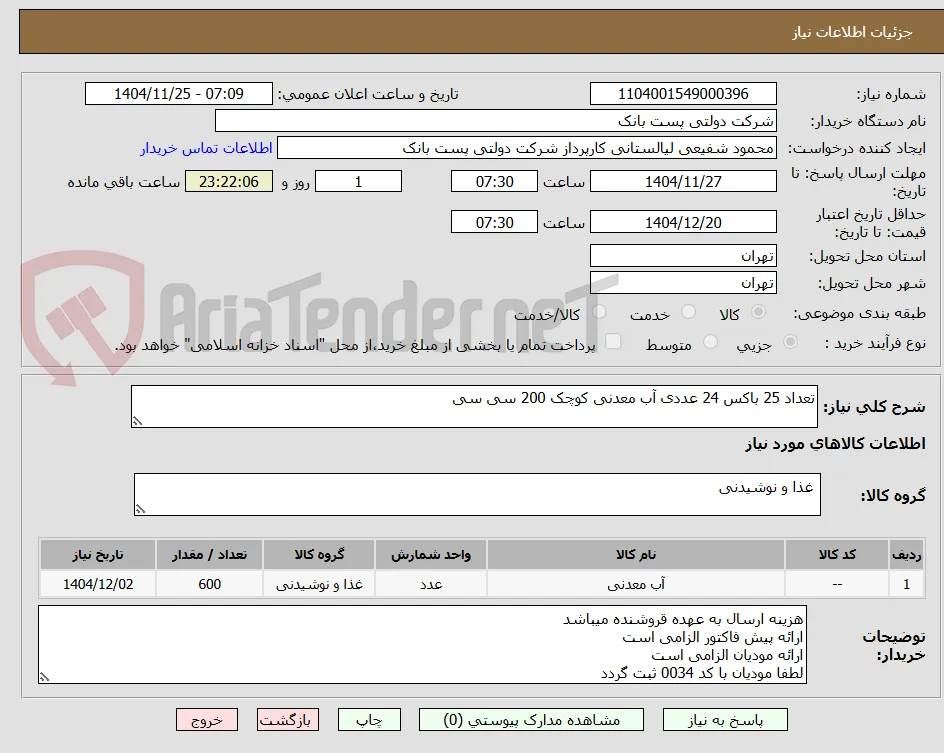 تعداد 25 باکس 24 عددی آب معدنی کوچک 200 سی سی 