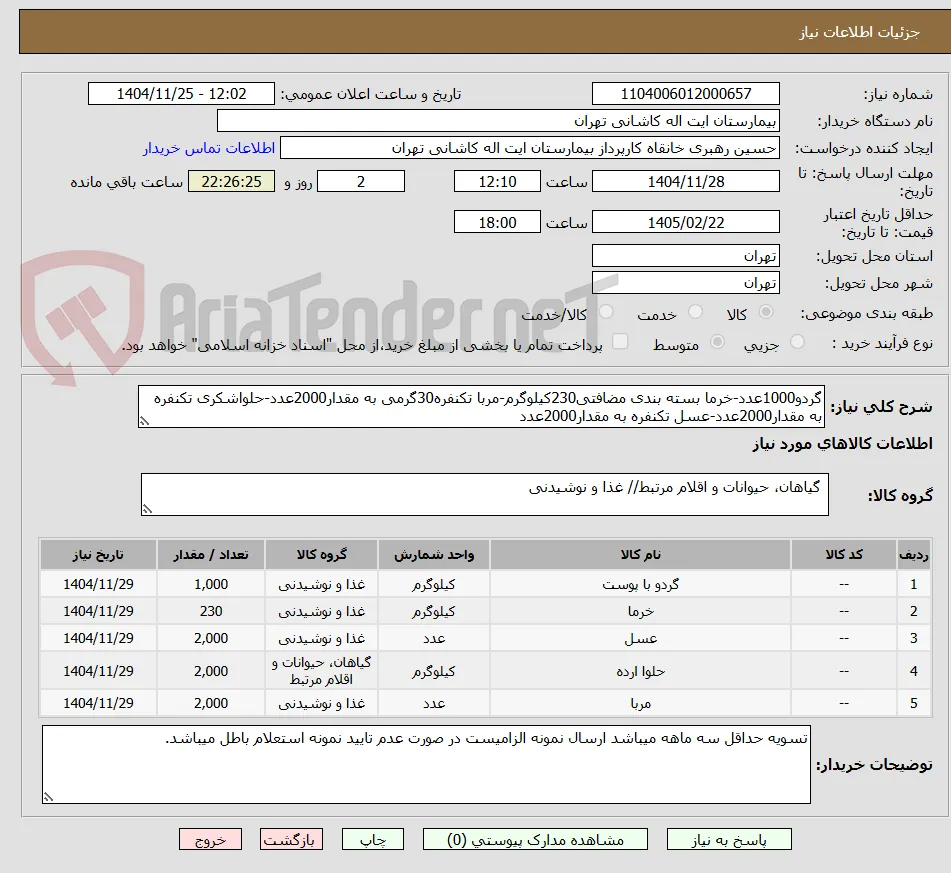 گردو1000عدد-خرما بسته بندی مضافتی230کیلوگرم-مربا تکنفره30گرمی به مقدار2000عدد-حلواشکری تکنفره به مقدار2000عدد-عسل تکنفره به مقدار2000عدد