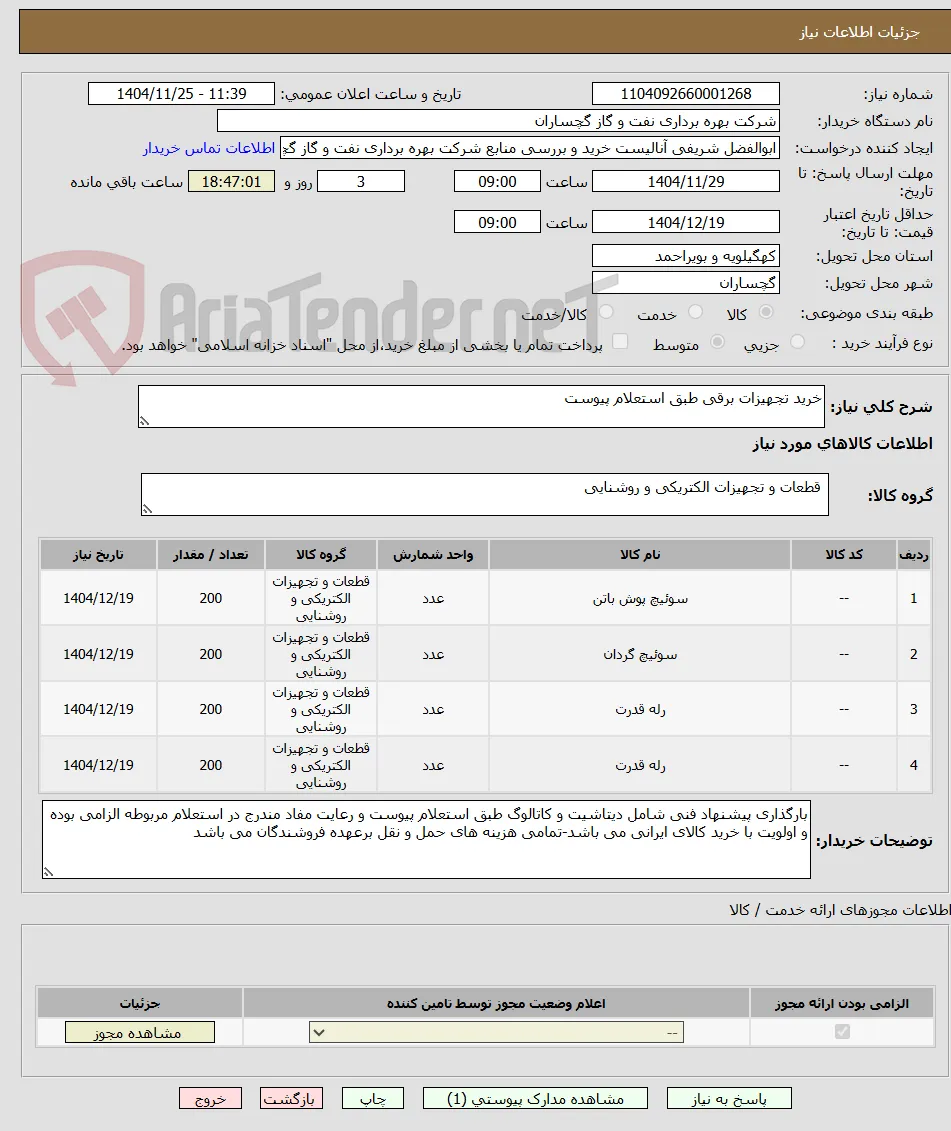 خرید تجهیزات برقی طبق استعلام پیوست