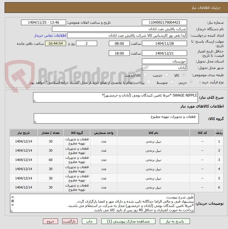 SWAGE NIPPLE *صرفا تامین کنندگان بومی (آبادان و خرمشهر)*