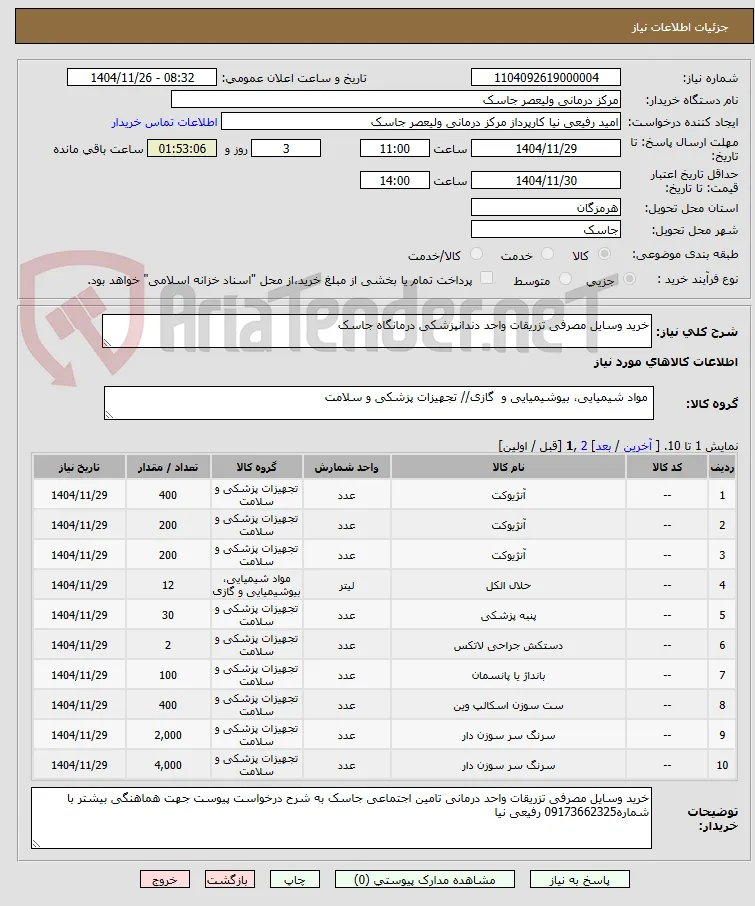 خرید وسایل مصرفی تزریقات واحد دندانپزشکی درمانگاه جاسک