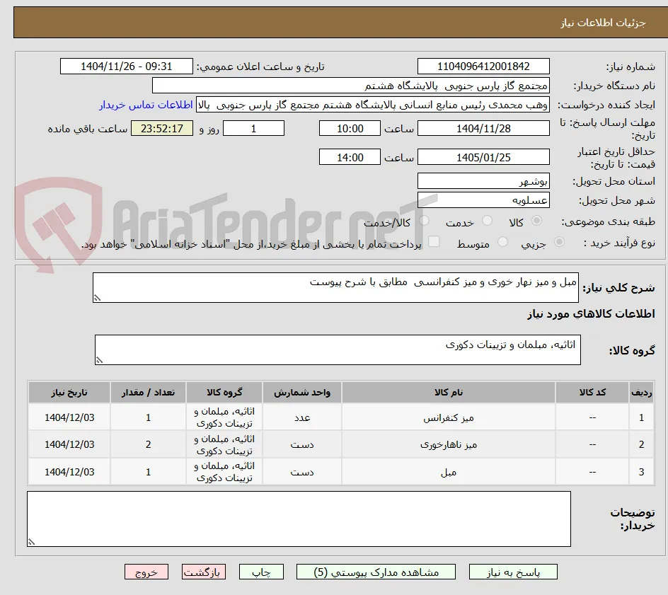 مبل و میز نهار خوری و میز کنفرانسی  مطابق با شرح پیوست 