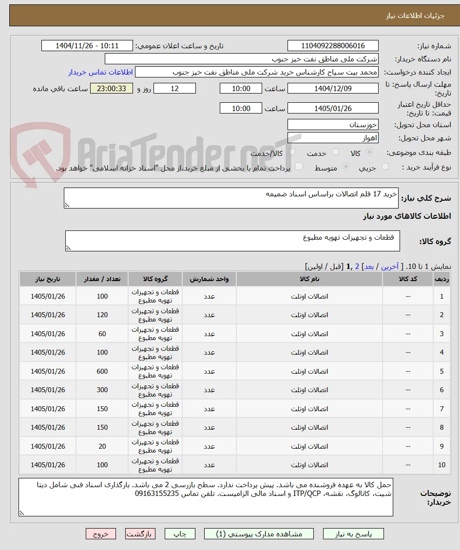 خرید 17 قلم اتصالات براساس اسناد ضمیمه