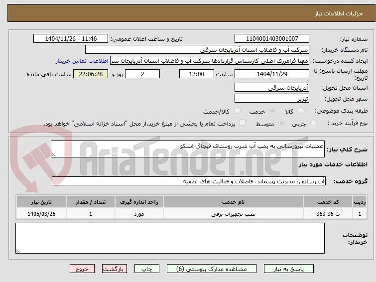 عملیات نیرورسانی به پمپ آب شرب روستای قپچاق اسکو