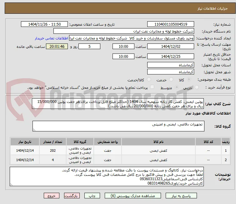 پوتین ایمنی، کفش کار زنانه سهمیه سال 1404 (حداکثر مبلغ قابل پرداخت برای هر جفت پوتین 15/000/000 ریال و برای هر جفت کفش زنانه 20/000/000 ریال می باشد.)