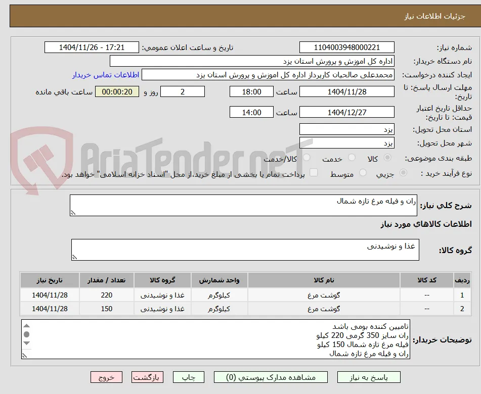 ران و فیله مرغ تازه شمال