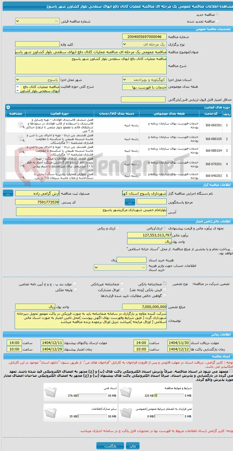 مناقصه عمومی یک مرحله ای مناقصه عملیات کانال دفع ابهای سطحی بلوار کشاورز شهر یاسوج 