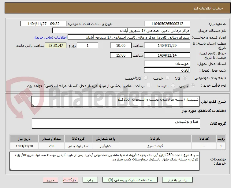شنیسل (سینه مرغ بدون پوست و استخوان )250کیلو