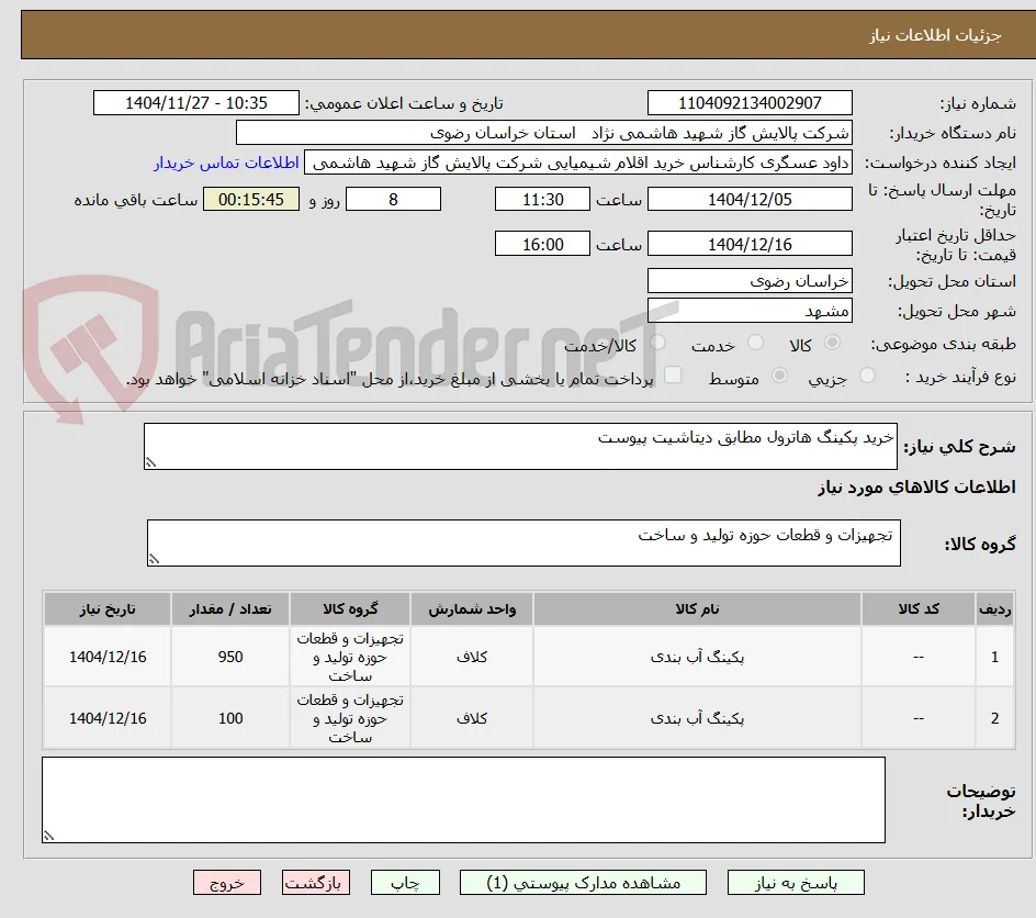 خرید پکینگ هاترول مطابق دیتاشیت پیوست