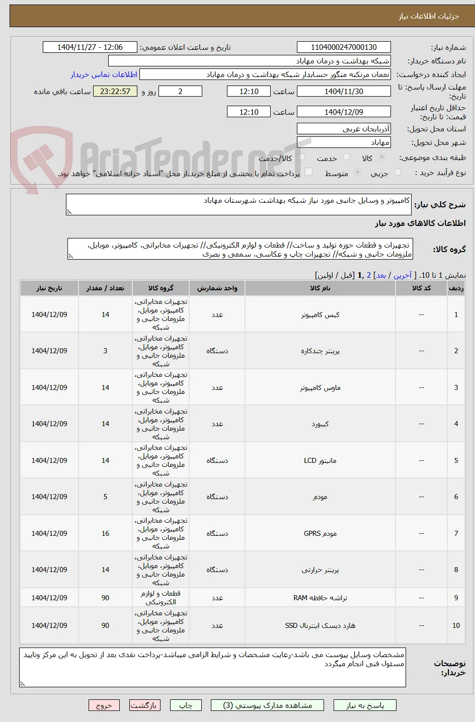کامپیوتر و وسایل جانبی مورد نیاز شبکه بهداشت شهرستان مهاباد