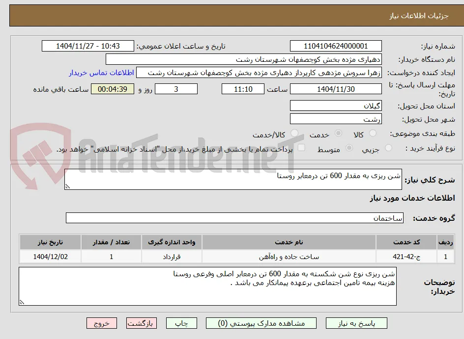 شن ریزی به مقدار 600 تن درمعابر روستا 