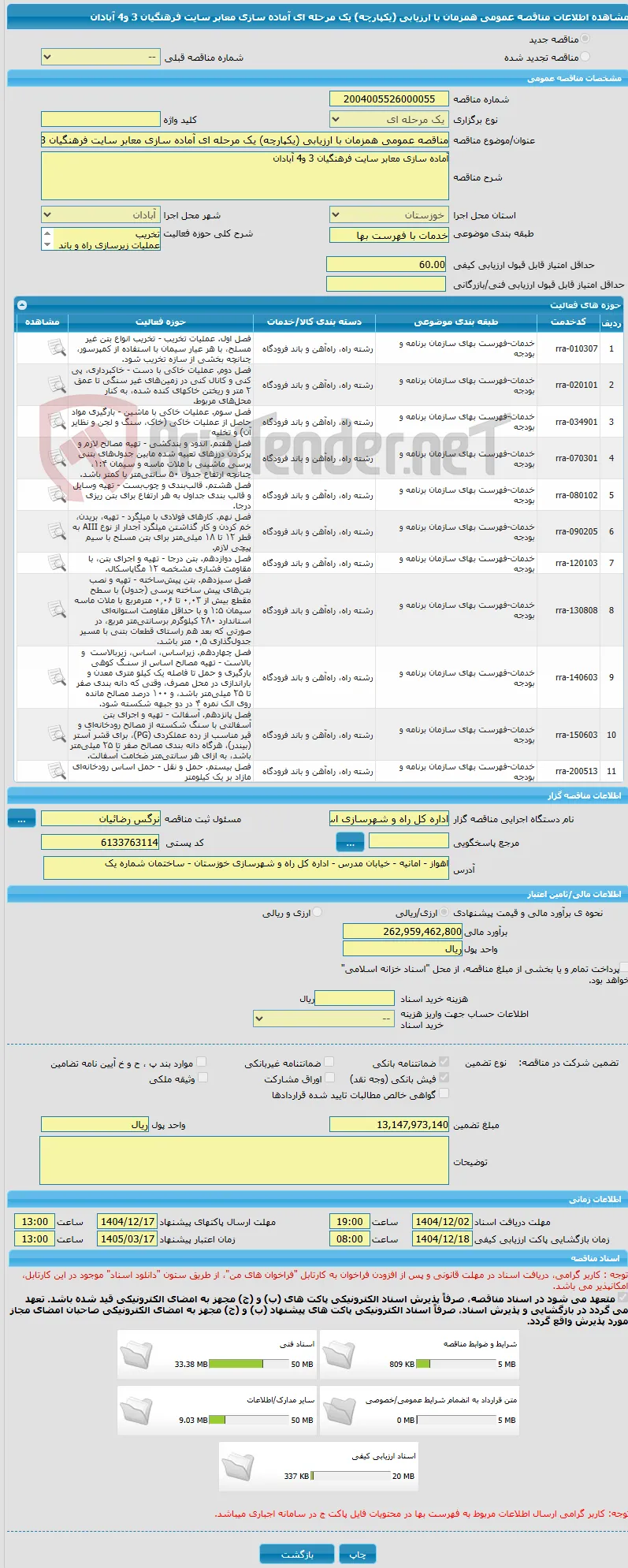 مناقصه عمومی همزمان با ارزیابی (یکپارچه) یک مرحله ای آماده سازی معابر سایت فرهنگیان 3 و4 آبادان
