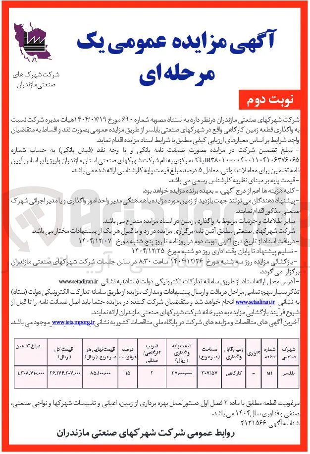 واگذاری قطعه زمین کارگاهی
