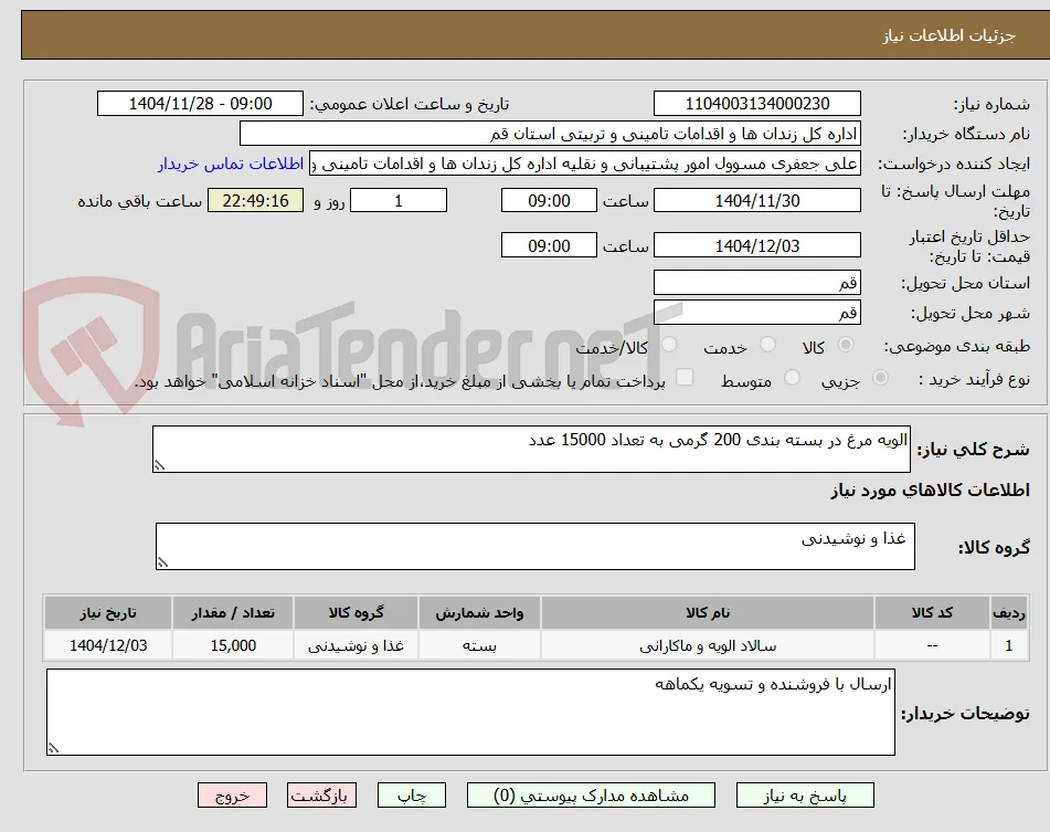 الویه مرغ در بسته بندی 200 گرمی به تعداد 15000 عدد