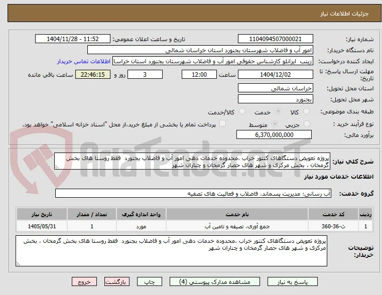 پروژه تعویض دستگاهای کنتور خراب ،محدوده خدمات دهی امور آب و فاضلاب بجنورد  فقط روستا های بخش گرمخان ، بخش مرکزی و شهر های حصار گرمخان و چناران شهر