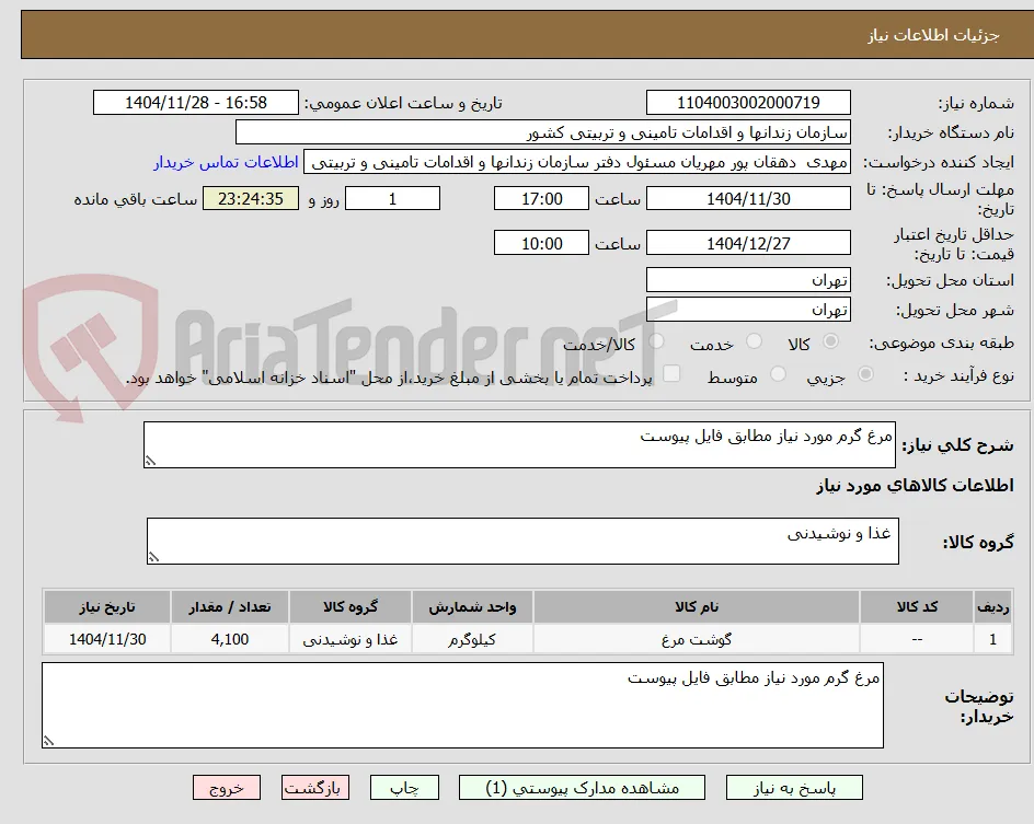 مرغ گرم مورد نیاز مطابق فایل پیوست 