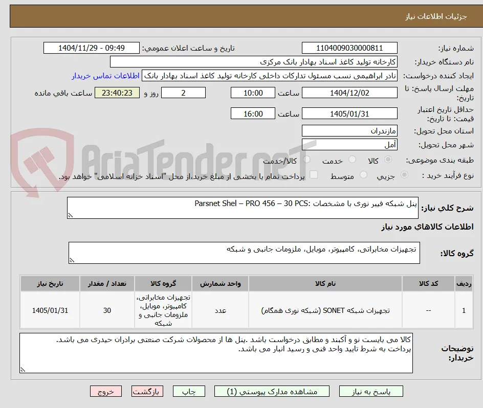 پنل شبکه فیبر نوری با مشخصات :Parsnet Shel – PRO 456 – 30 PCS
