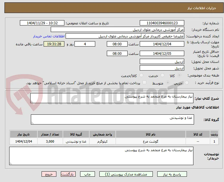 نیاز بیمارستان به مرغ منجمد به شرح پیوستی