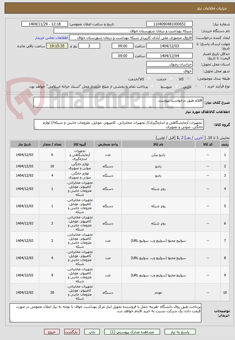 اقلام طبق درخواست پیوست