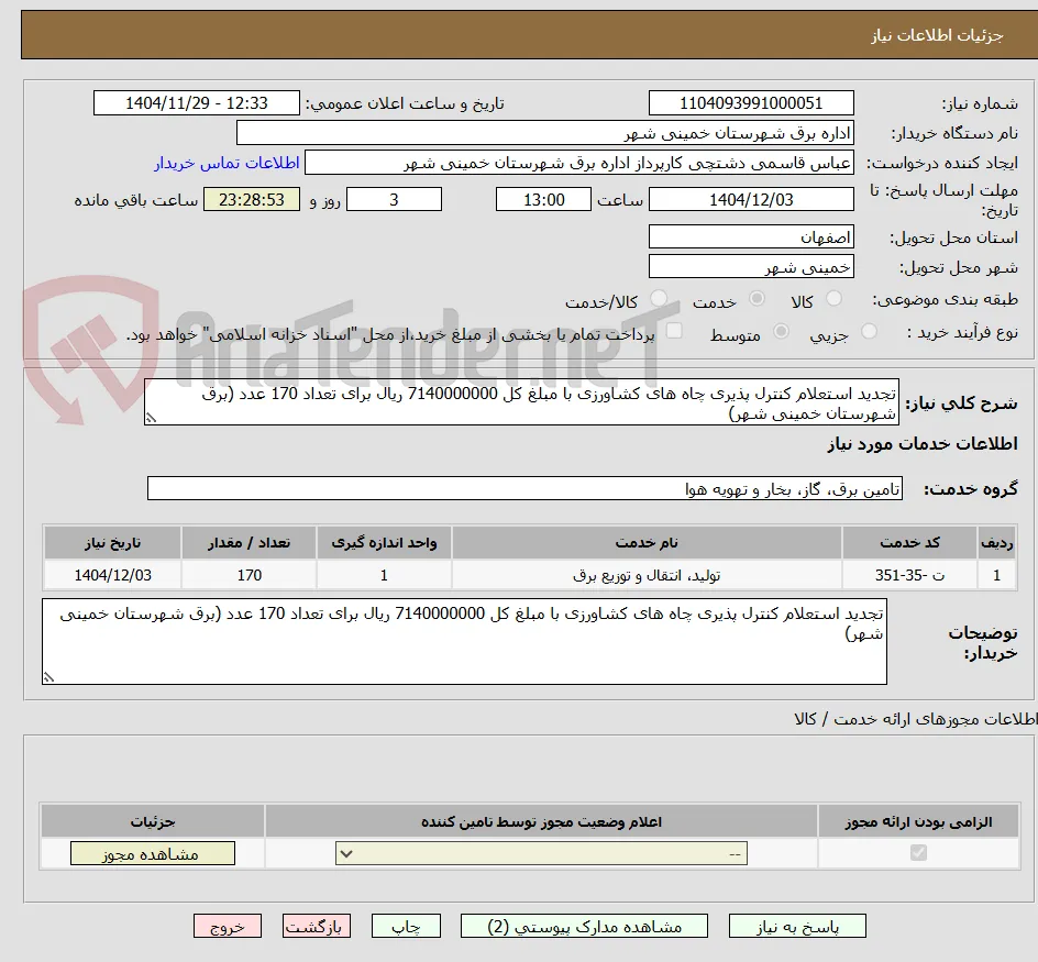 تجدید استعلام کنترل پذیری چاه های کشاورزی با مبلغ کل 7140000000 ریال برای تعداد 170 عدد (برق شهرستان خمینی شهر)