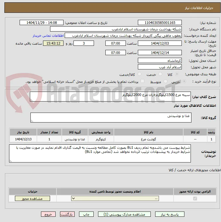سینه مرغ 1500کیلوگرم+ران مرغ 2000کیلوگرم