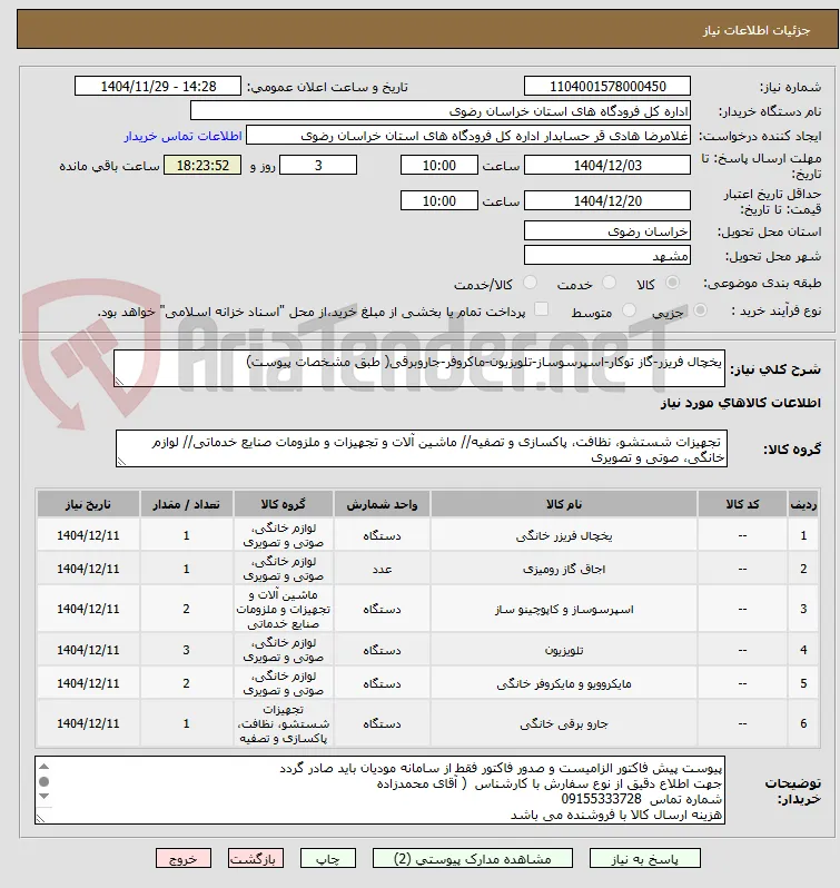 یخچال فریزر-گاز توکار-اسپرسوساز-تلویزیون-ماکروفر-جاروبرقی( طبق مشخصات پیوست)