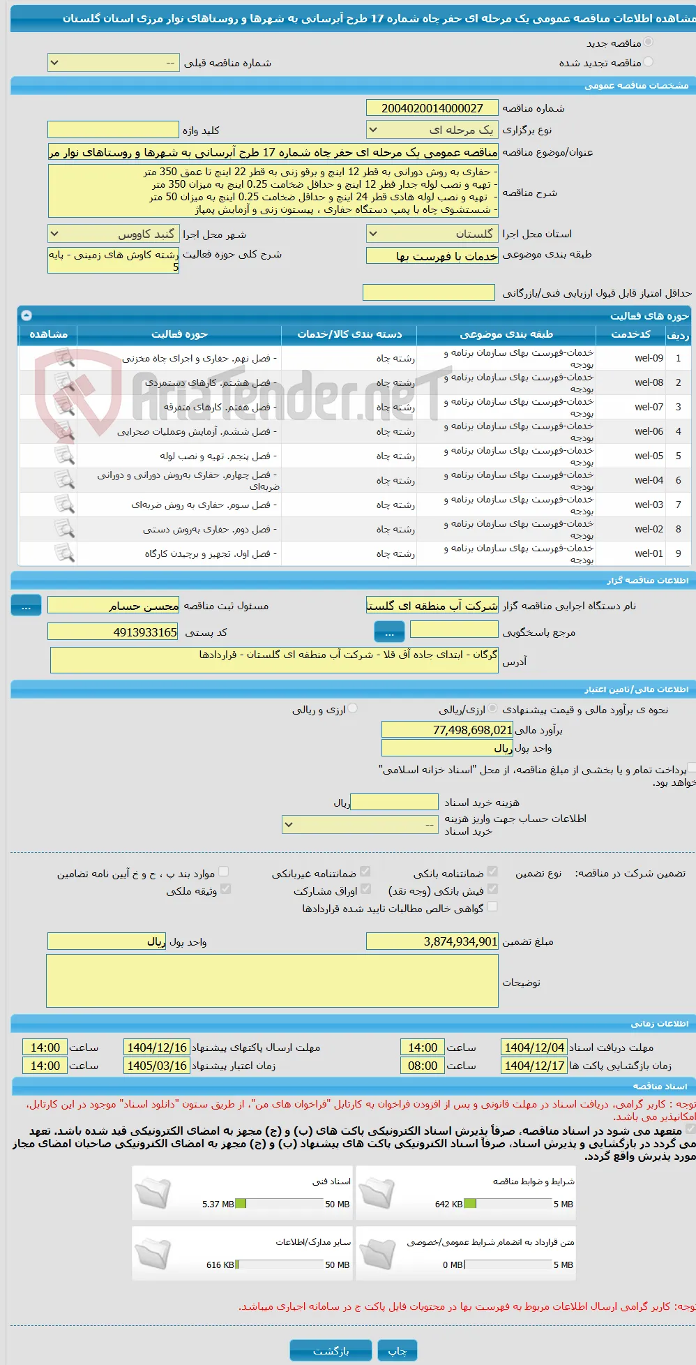 مناقصه عمومی یک مرحله ای حفر چاه شماره 17 طرح آبرسانی به شهرها و روستاهای نوار مرزی استان گلستان