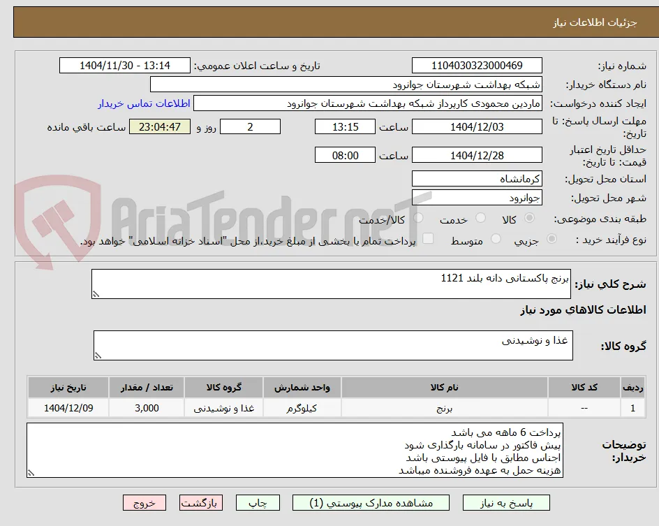 برنج پاکستانی دانه بلند 1121