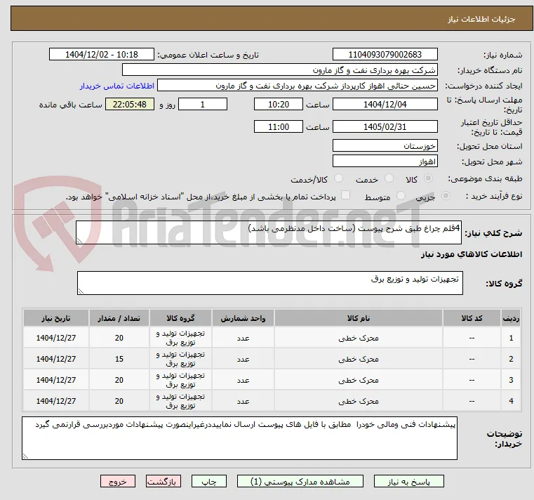 4قلم چراغ طبق شرح پیوست (ساخت داخل مدنظرمی باشد)