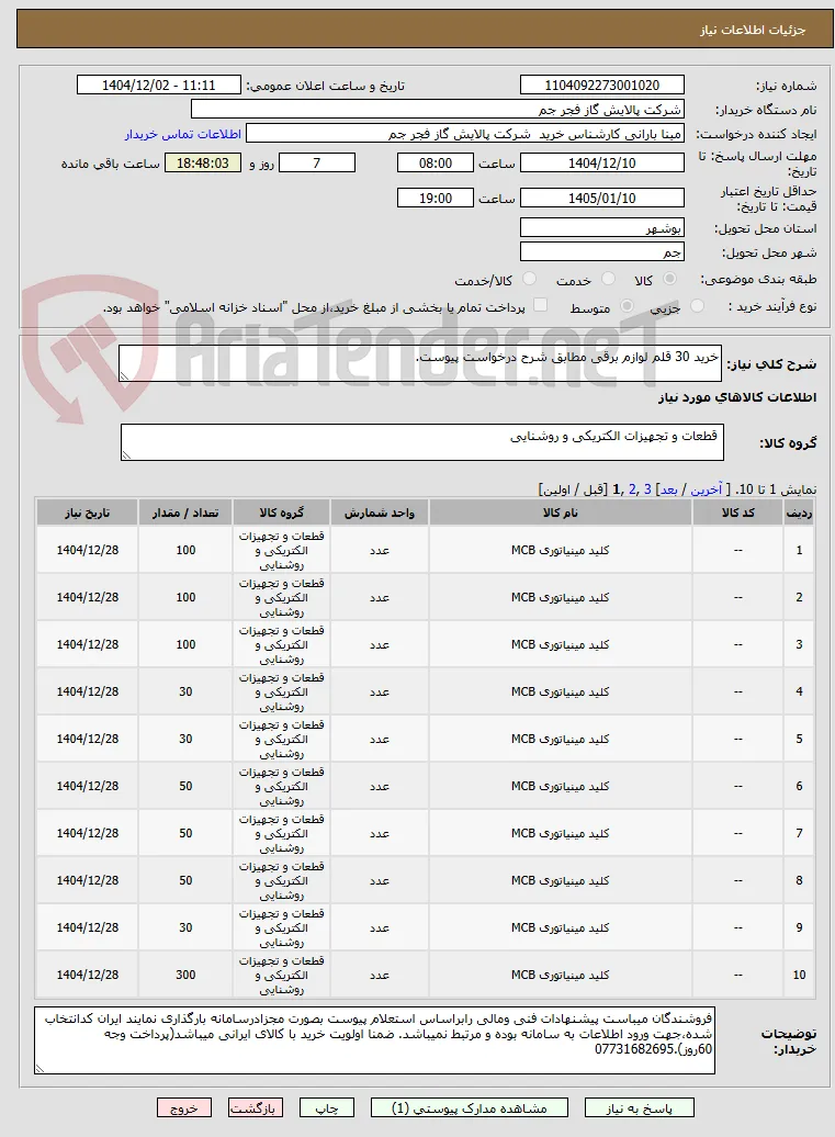 خرید 30 قلم لوازم برقی مطابق شرح درخواست پیوست.