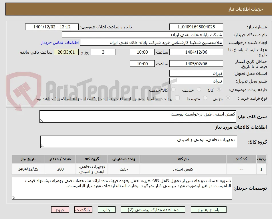 کفش ایمنی طبق درخواست پیوست