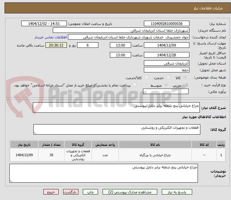 چراغ خیابانی پنج شعله برابر دتایل پیوستی