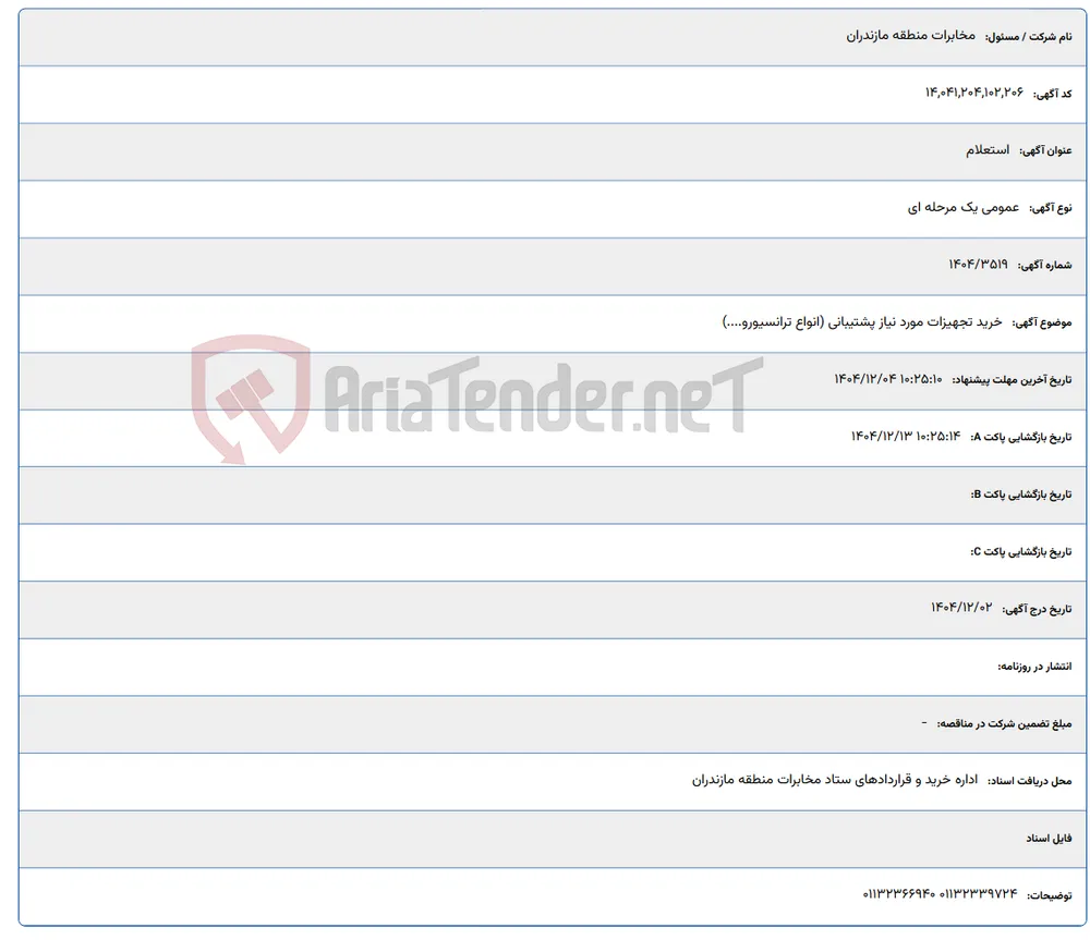 خرید تجهیزات مورد نیاز پشتیبانی (انواع ترانسیورو....)