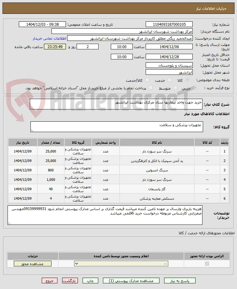 خرید جهت واحد بیماریها ستاد مرکزی بهداشت ایرانشهر