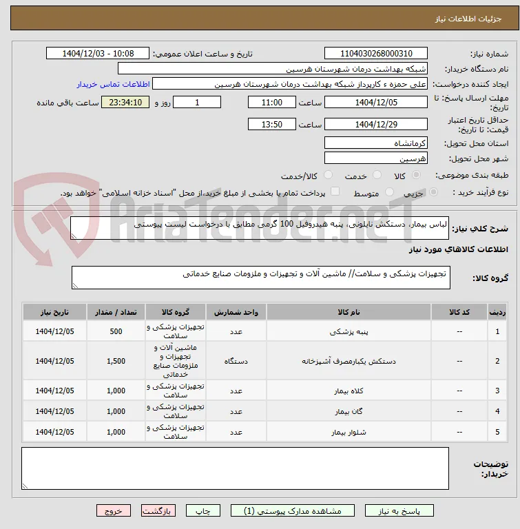 لباس بیمار، دستکش نایلونی، پنبه هیدروفیل 100 گرمی مطابق با درخواست لیست پیوستی