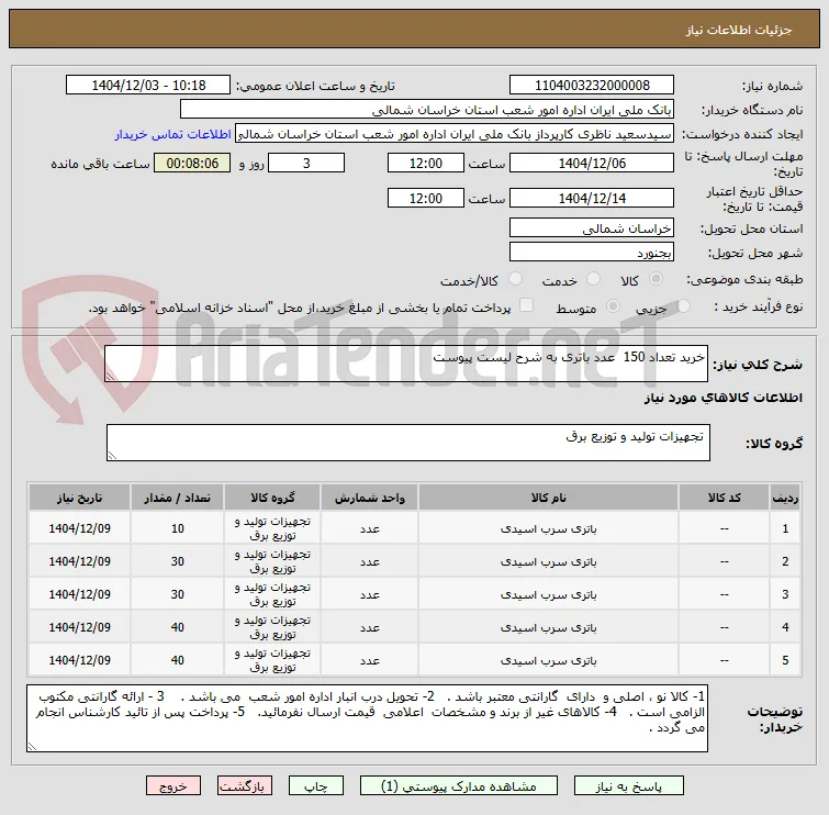 خرید تعداد 150  عدد باتری به شرح لیست پیوست 