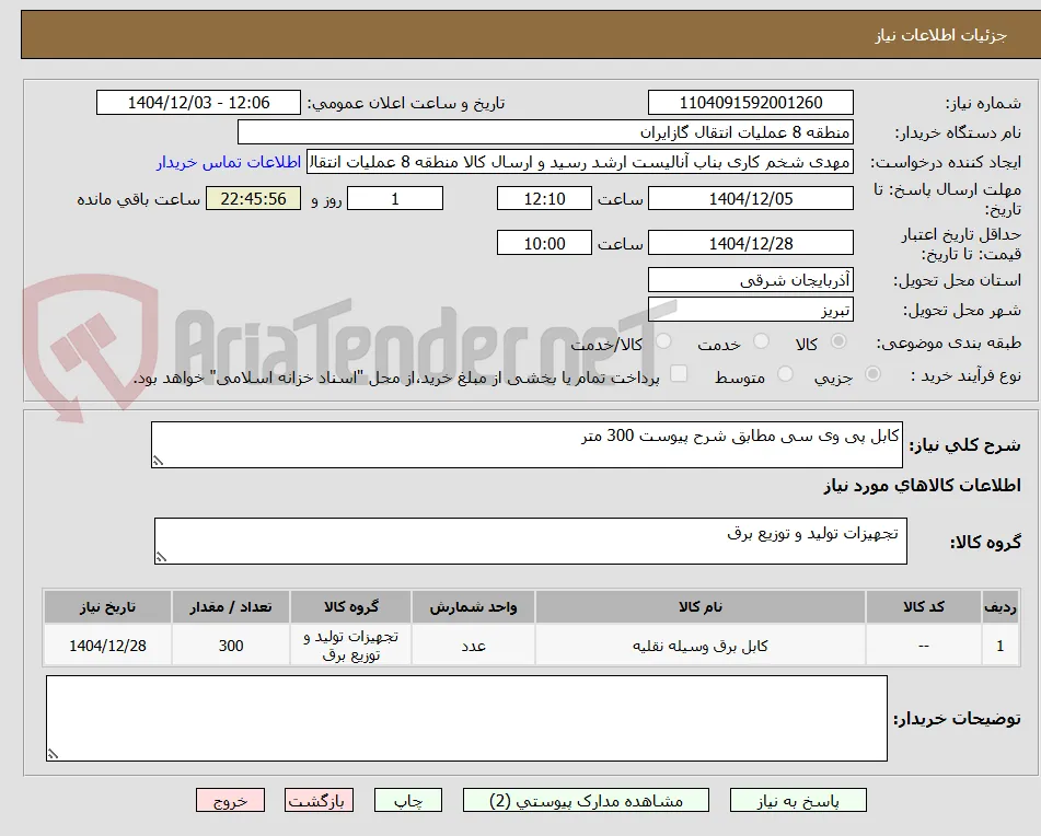 کابل پی وی سی مطابق شرح پیوست 300 متر