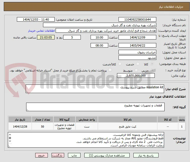 insulation kit مطابق شرح پیوست