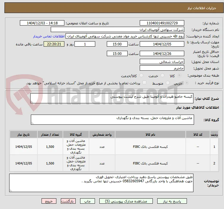 کیسه جامبو هیدرات و آلومینا طبق شرح لیست پیوستی