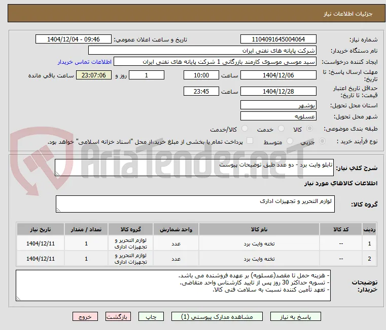 تابلو وایت برد - دو عدد طبق توضیحات پیوست