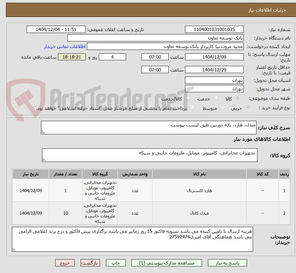 مبدل، هارد، پایه دوربین طبق لیست پیوست