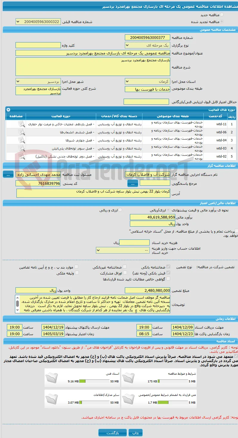 مناقصه عمومی یک مرحله ای بازسازی مجتمع بهرامجرد بردسیر