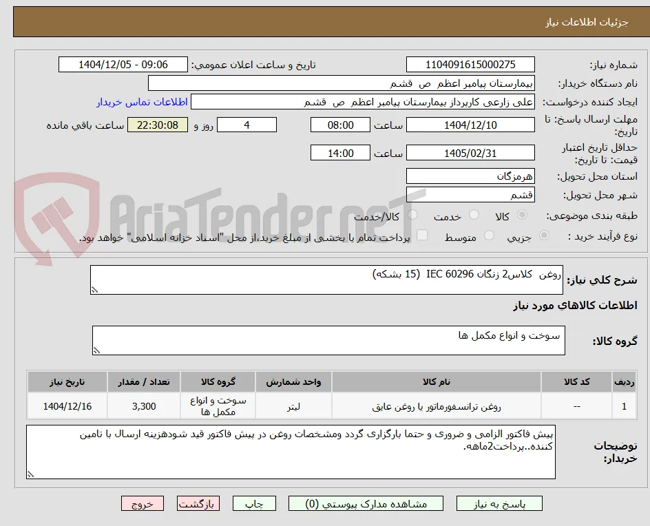 روغن  کلاس2 زنگان IEC 60296  (15 بشکه)