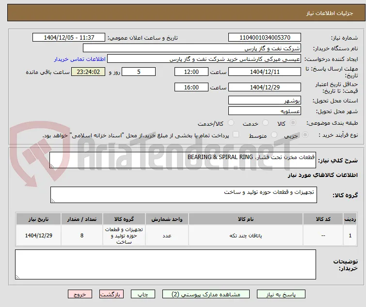 قطعات مخزن تحت فشار، BEARING & SPIRAL RING
