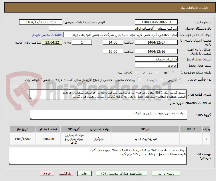 اسید کلرید ریک 32% تحویل مرحله ای درب انبار شرکت واقع در خراسان شمالی جاجرم
قیمت مقطوع الحاقیه سازمان حمل و نقل به کرایه کالای ارسالی تعلق می گیرد.